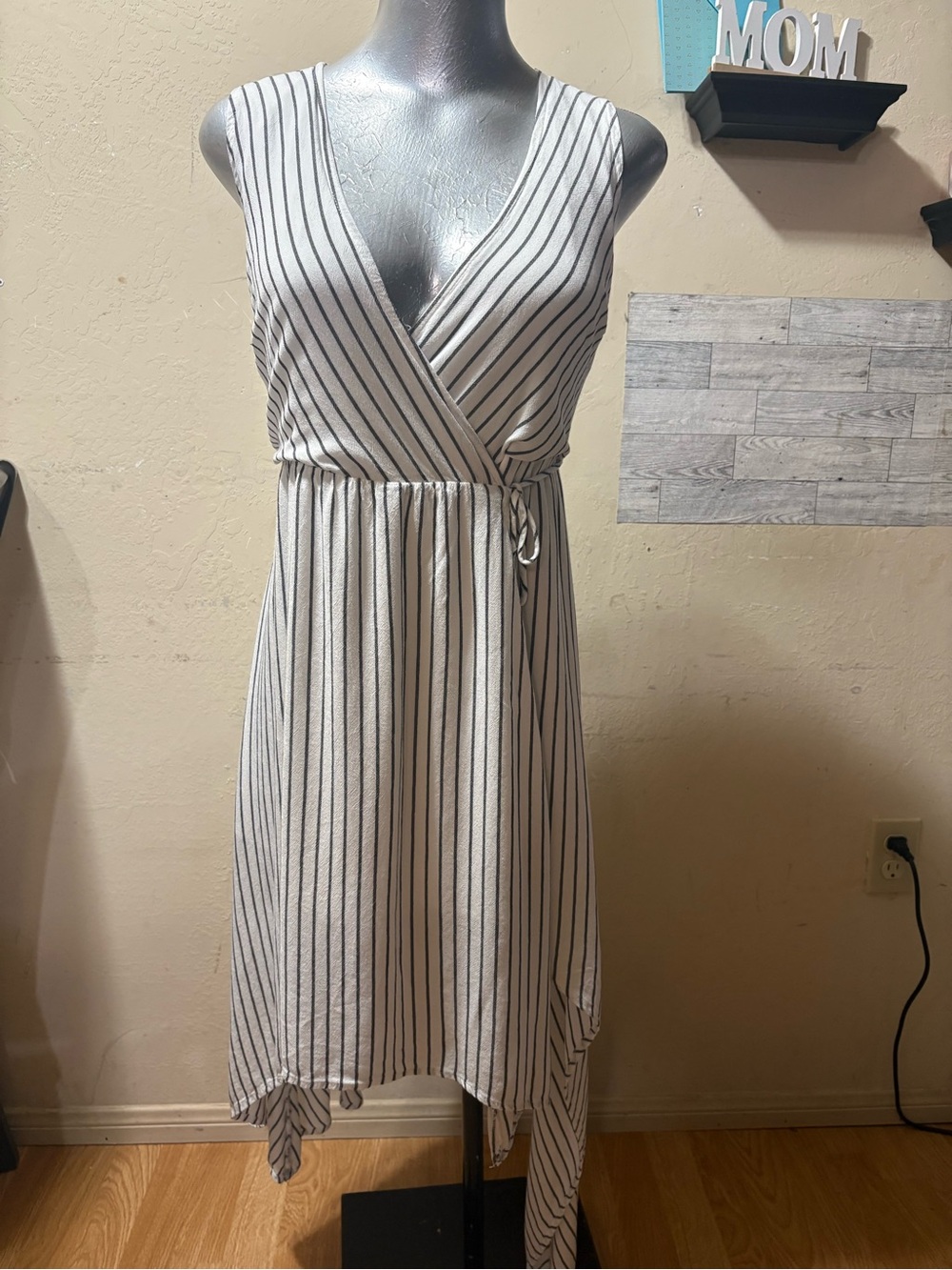 Dress Forum White and Black Striped Asymmetrical Wrap Dress